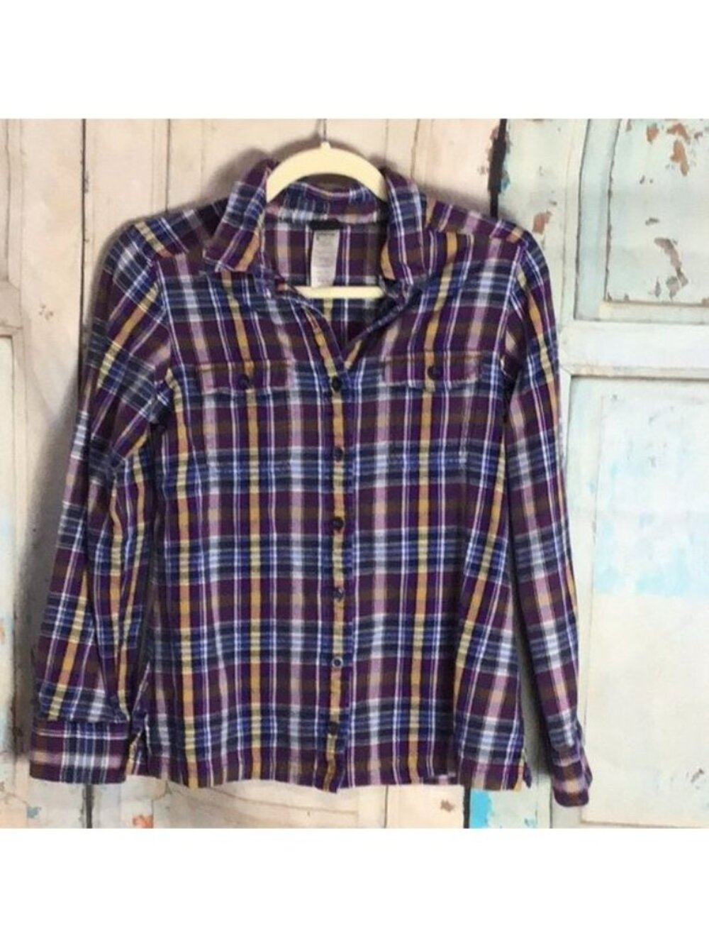 Patagonia Womens Plaid Organic Cotton Button-Up Shirt Size 2 Purple Yellow Long